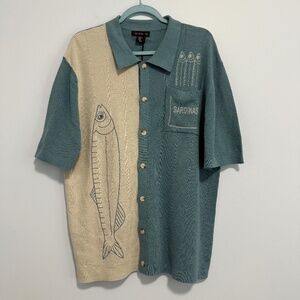 Art of Rhetoric Mens XL Blue Fish Sardinas Full Button Polo Collared Sweater